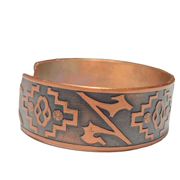 Vintage WHEELER Mfg Co WM Copper‎ South Western Themed Etched Cuff Bracelet - Picture 2 of 9